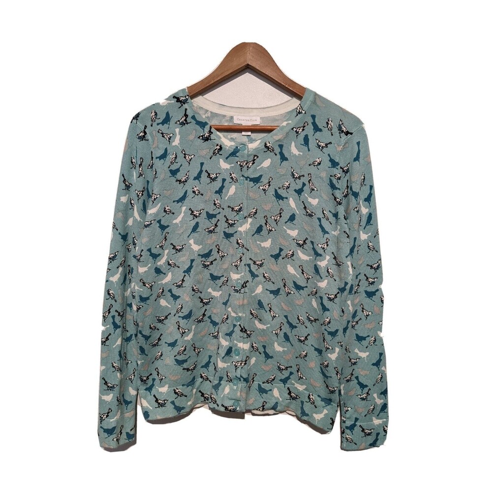 Vintage Y2K Charter Club Blue Cardigan Sweater Bird Pattern w/ Rhinestones S